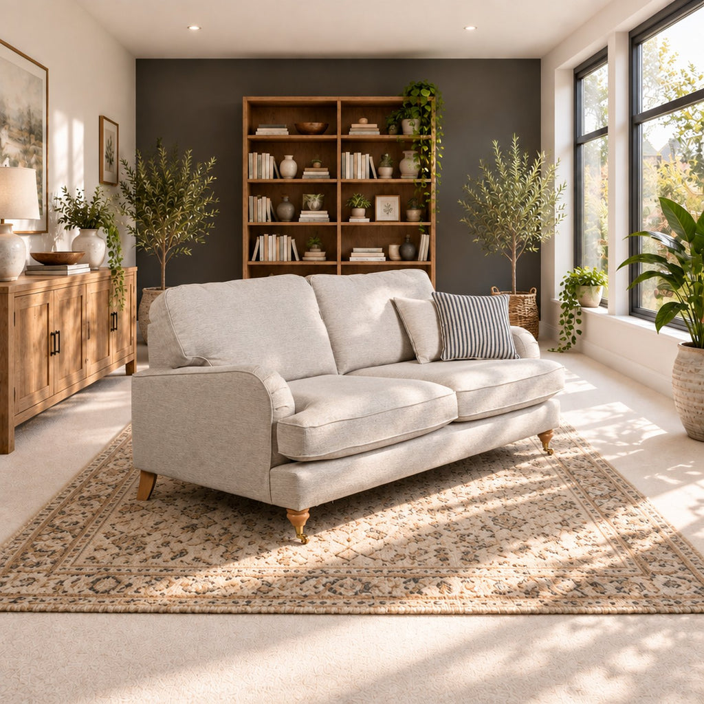 Eastbourne 3 Seater Sofa in Natural with Navy Stripe Cushions