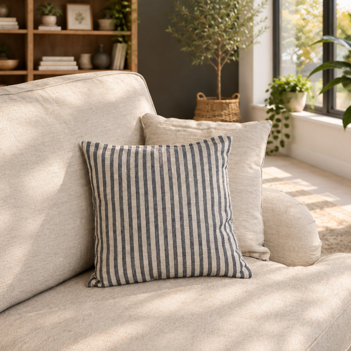 Eastbourne 3 Seater Sofa in Natural with Navy Stripe Cushions