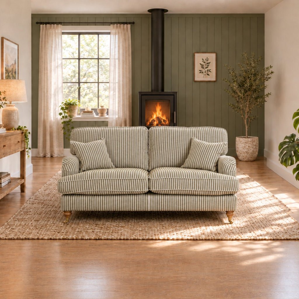 Eastbourne 2 Seater Sofa in Olive Stripe with Olive Stripe Cushions
