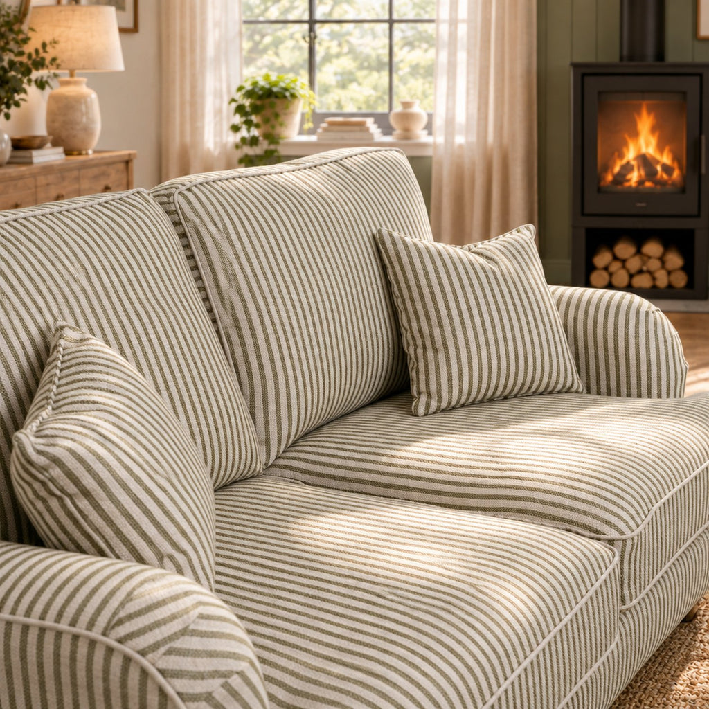 Eastbourne 2 Seater Sofa in Olive Stripe with Olive Stripe Cushions