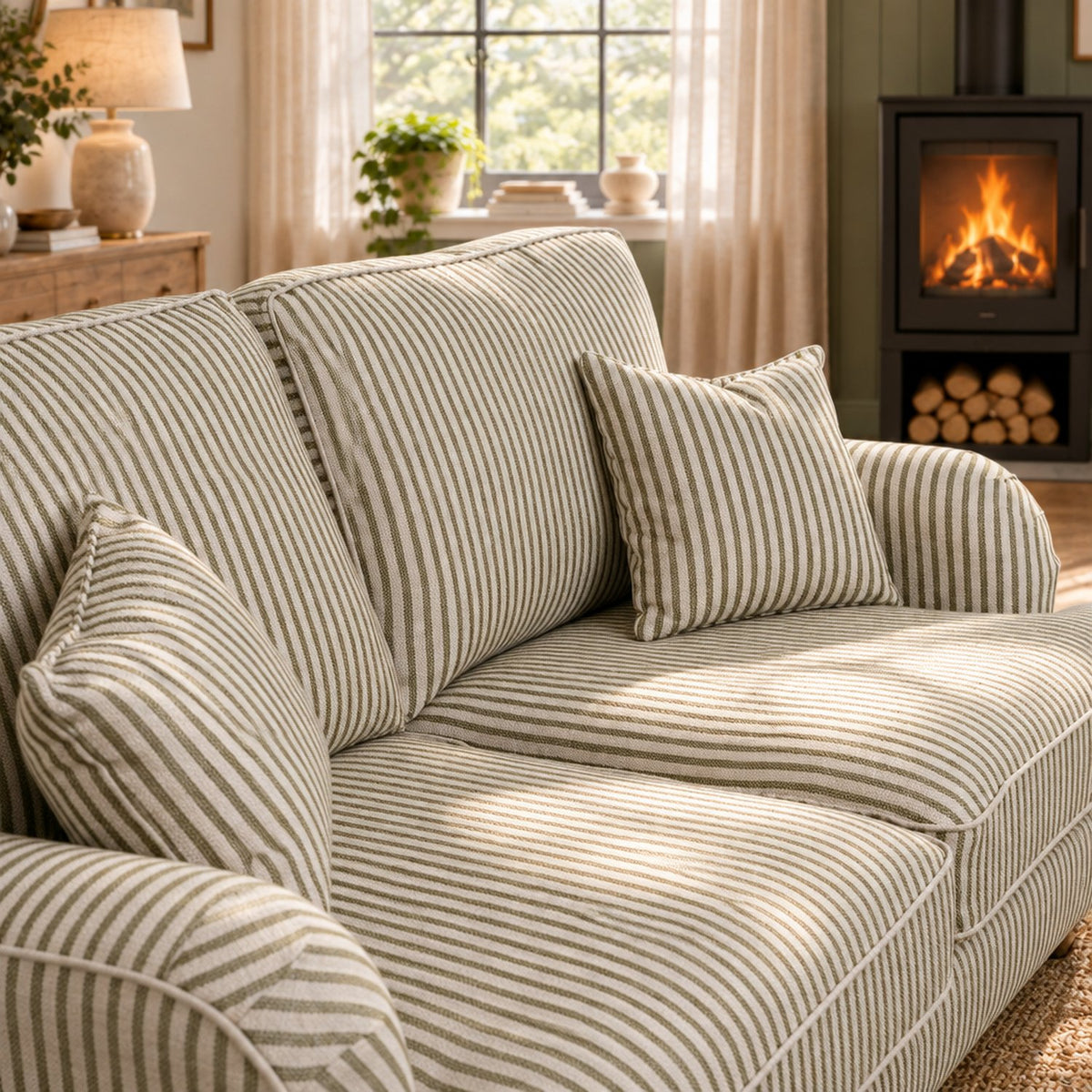 Eastbourne 2 Seater Sofa in Olive Stripe with Olive Stripe Cushions
