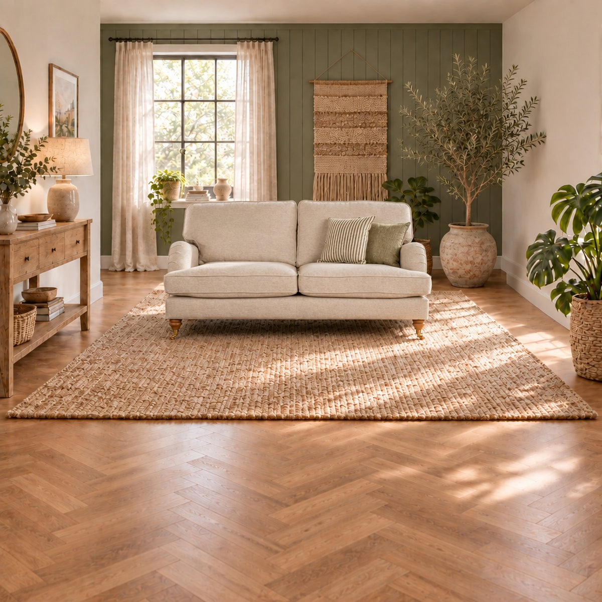Eastbourne 2 Seater Sofa in Natural with Olive Stripe Cushions
