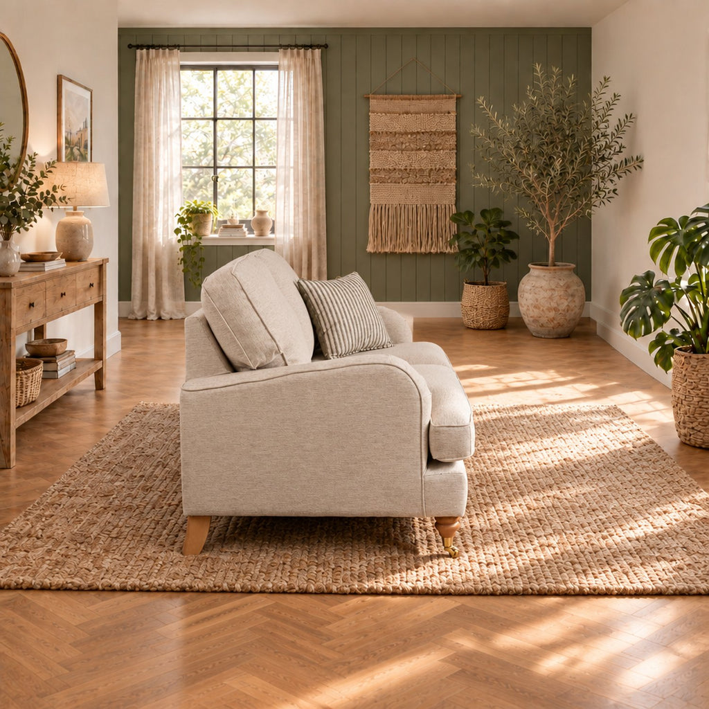 Eastbourne 2 Seater Sofa in Natural with Olive Stripe Cushions