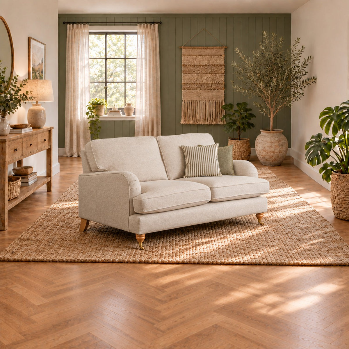 A cream-colored two-seater sofa with wooden legs sits on a large woven jute rug in a styled living room with a green paneled wall, wood herringbone floor, and potted plants.