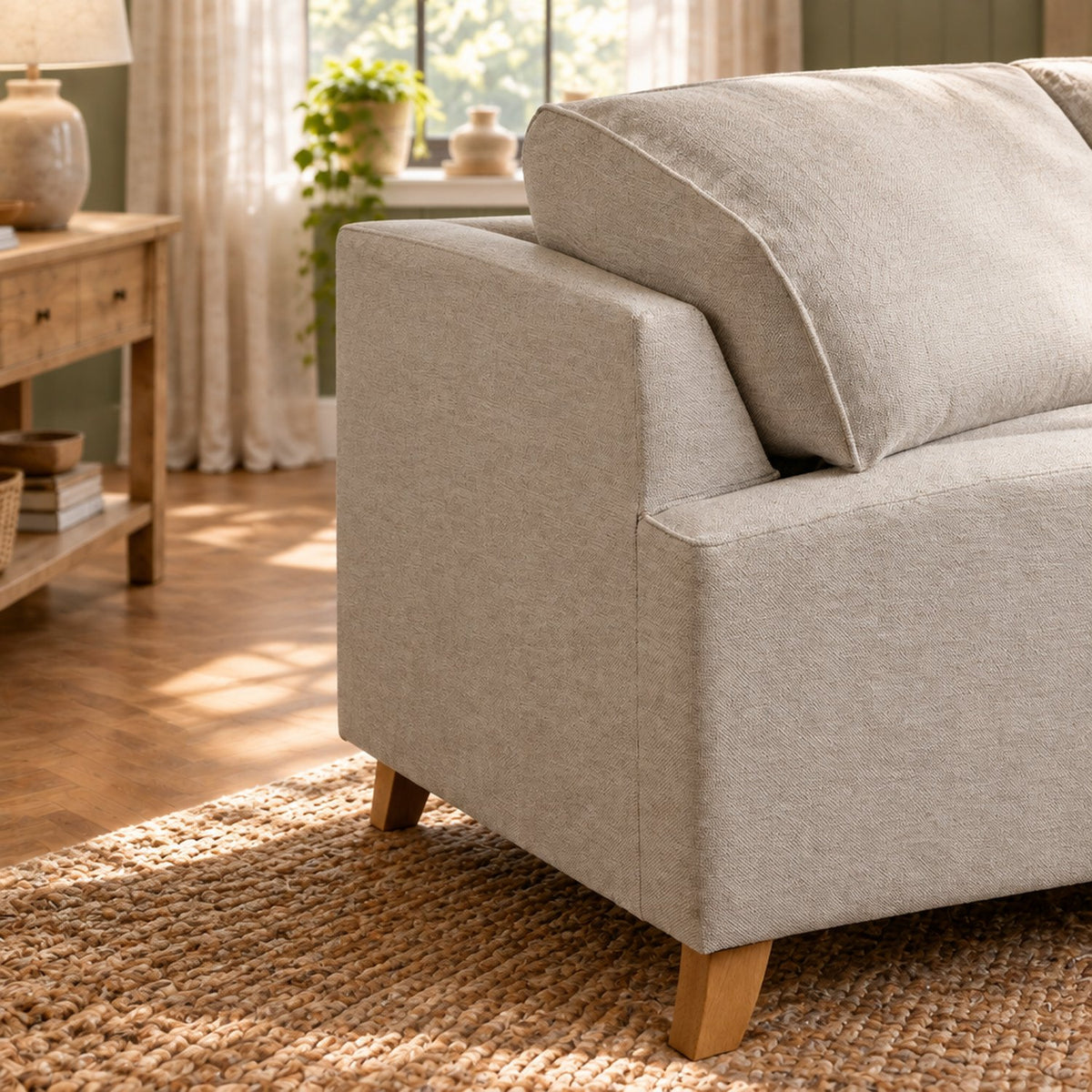Eastbourne 2 Seater Sofa in Natural with Olive Stripe Cushions