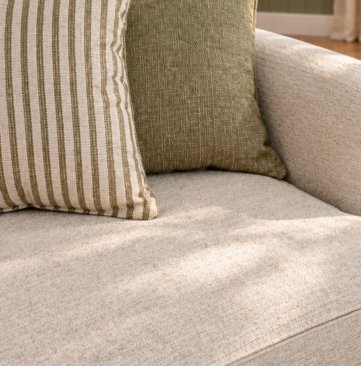 Eastbourne 2 Seater Sofa in Natural with Olive Stripe Cushions