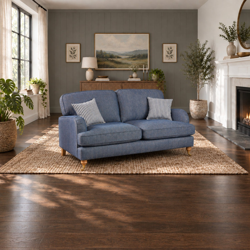 Eastbourne 2 Seater Sofa in Navy with Navy Stripe Cushions