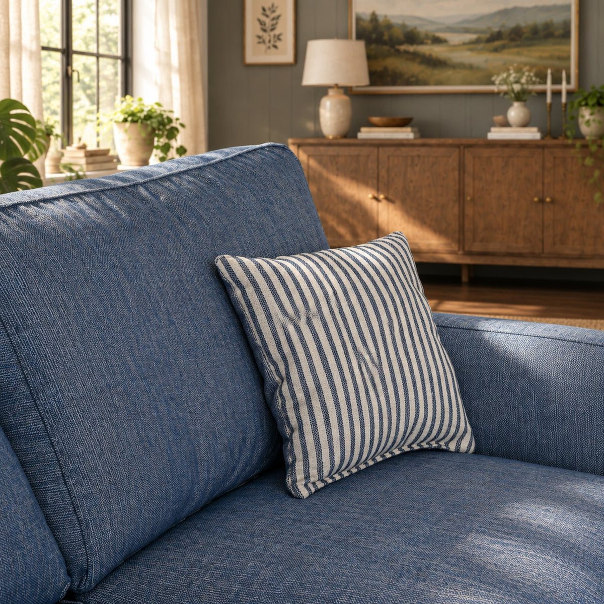 Eastbourne 2 Seater Sofa in Navy with Navy Stripe Cushions