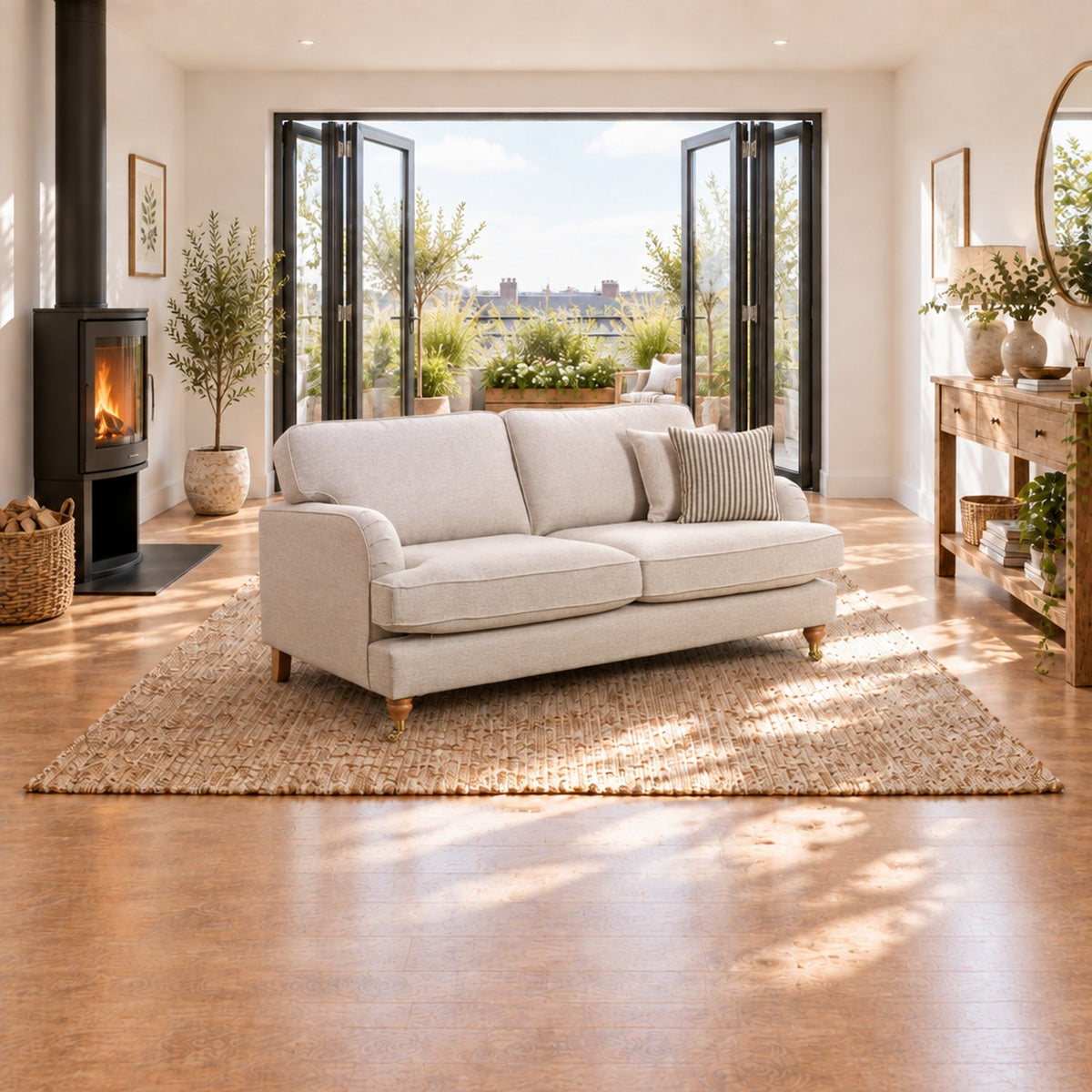 Eastbourne 3 Seater Sofa in Natural with Grey Stripe Cushions
