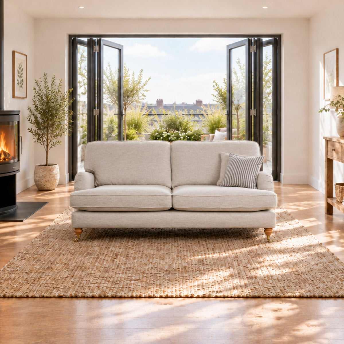 Eastbourne 3 Seater Sofa in Natural with Grey Stripe Cushions
