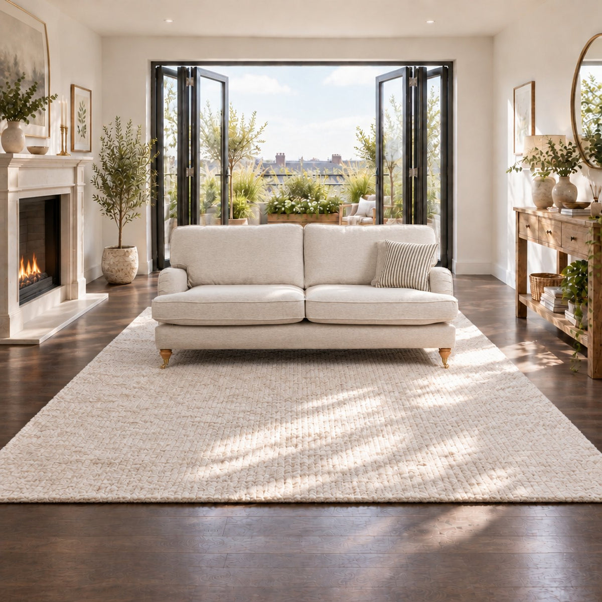 Eastbourne 3 Seater Sofa in Natural with Olive Stripe Cushions
