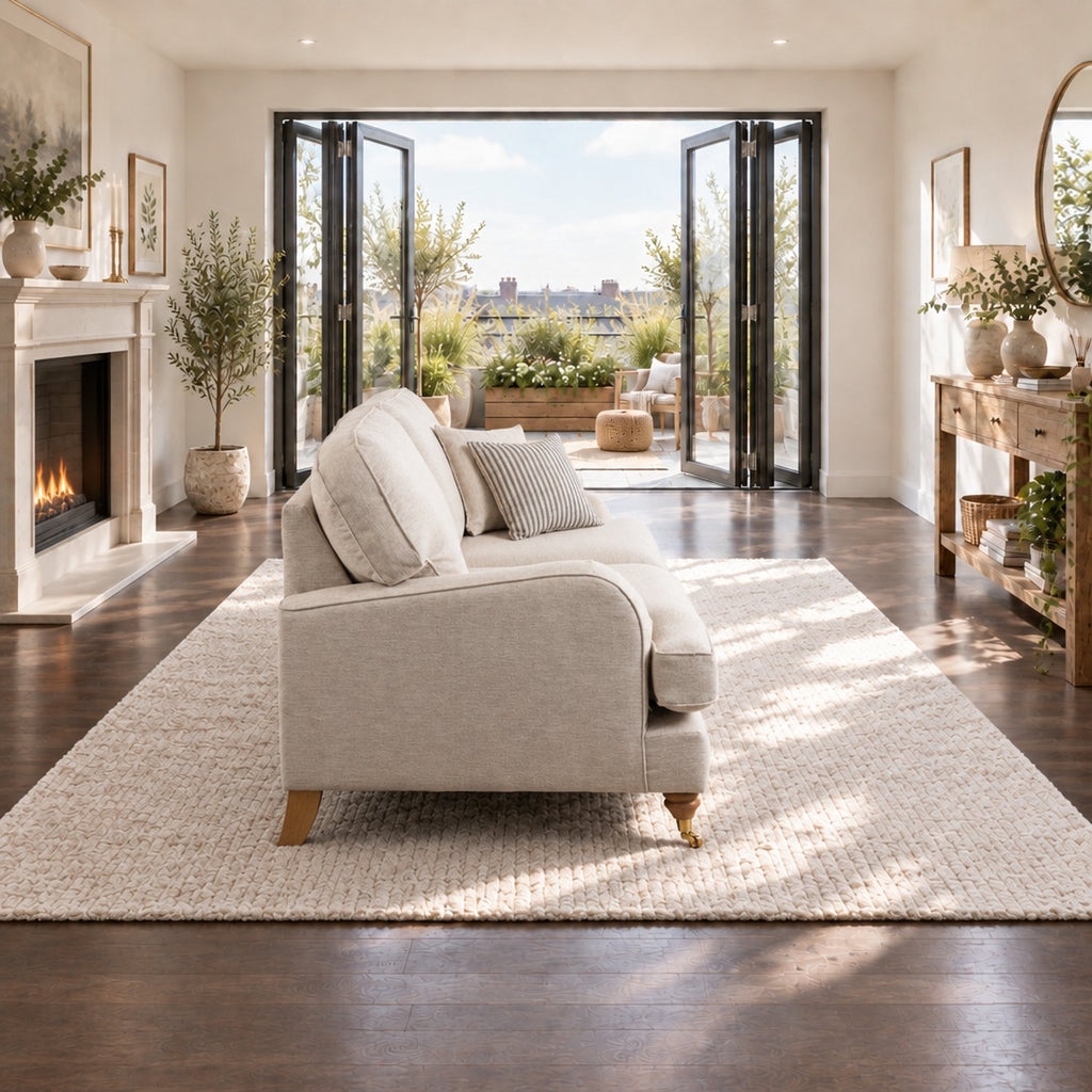 Eastbourne 3 Seater Sofa in Natural with Olive Stripe Cushions