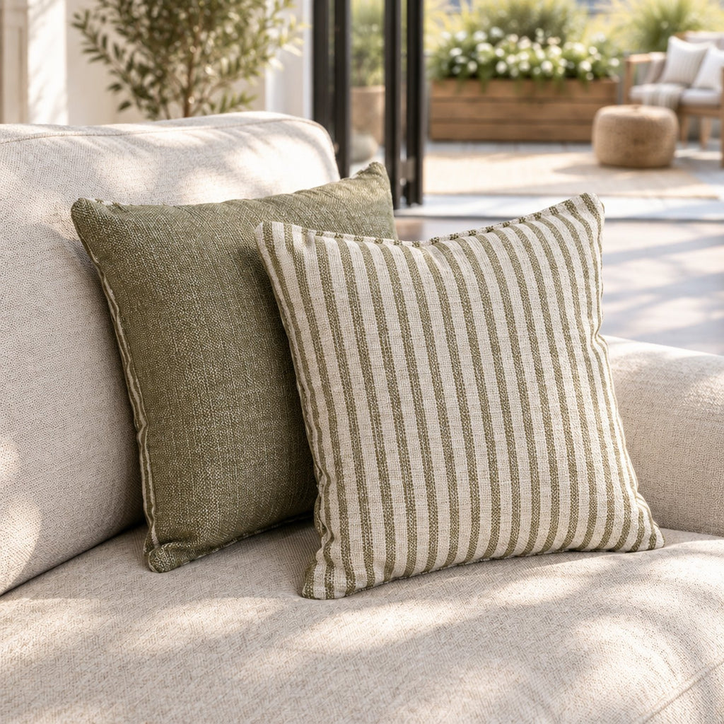 Eastbourne 3 Seater Sofa in Natural with Olive Stripe Cushions