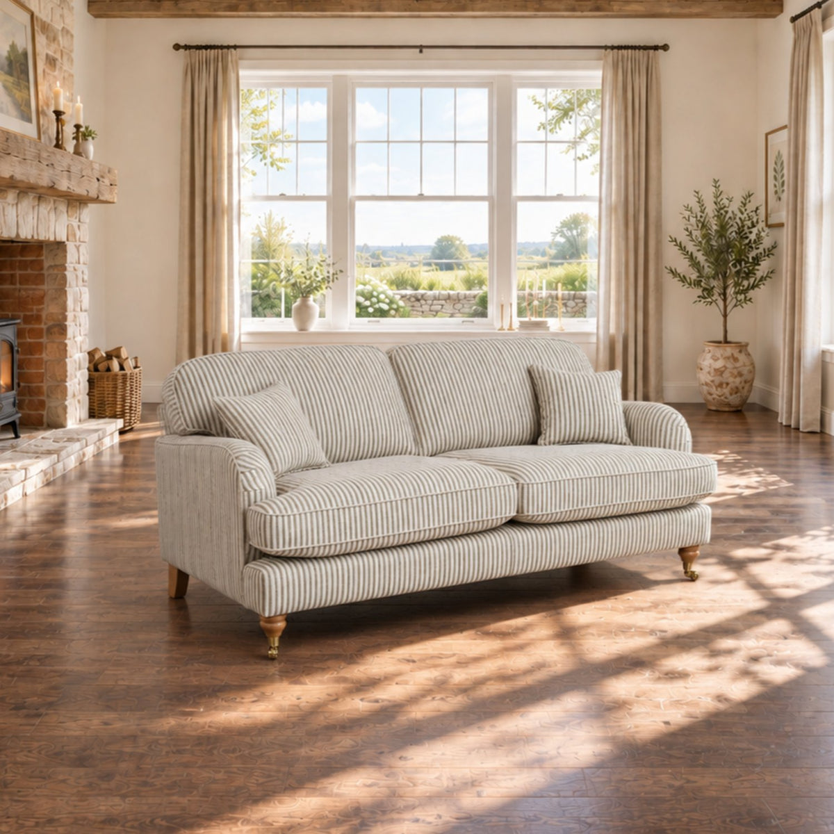 Eastbourne 3 Seater Sofa in Olive Stripe with Olive Stripe Cushions