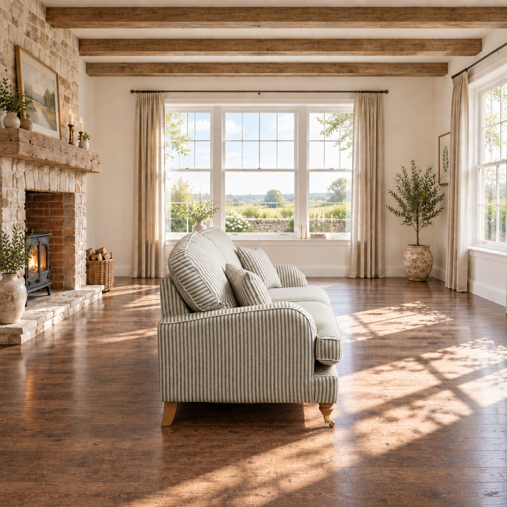 Eastbourne 3 Seater Sofa in Olive Stripe with Olive Stripe Cushions
