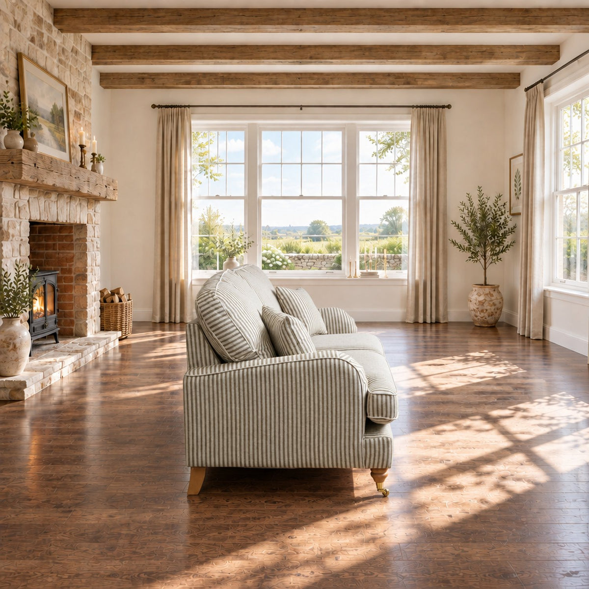 Eastbourne 3 Seater Sofa in Olive Stripe with Olive Stripe Cushions