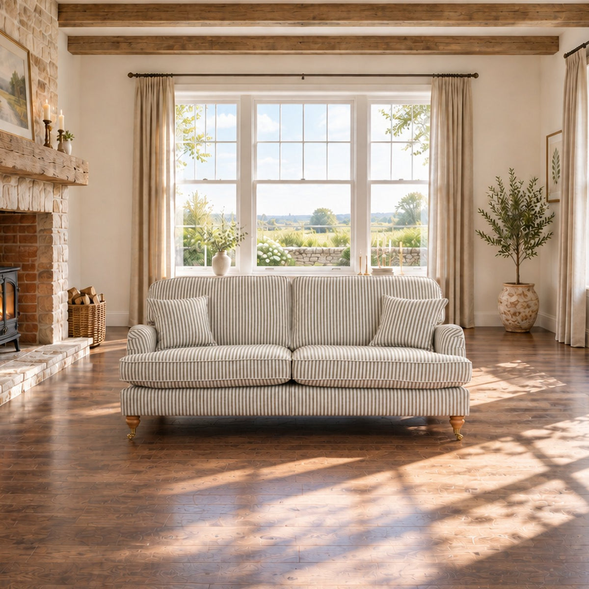 Eastbourne 3 Seater Sofa in Olive Stripe with Olive Stripe Cushions