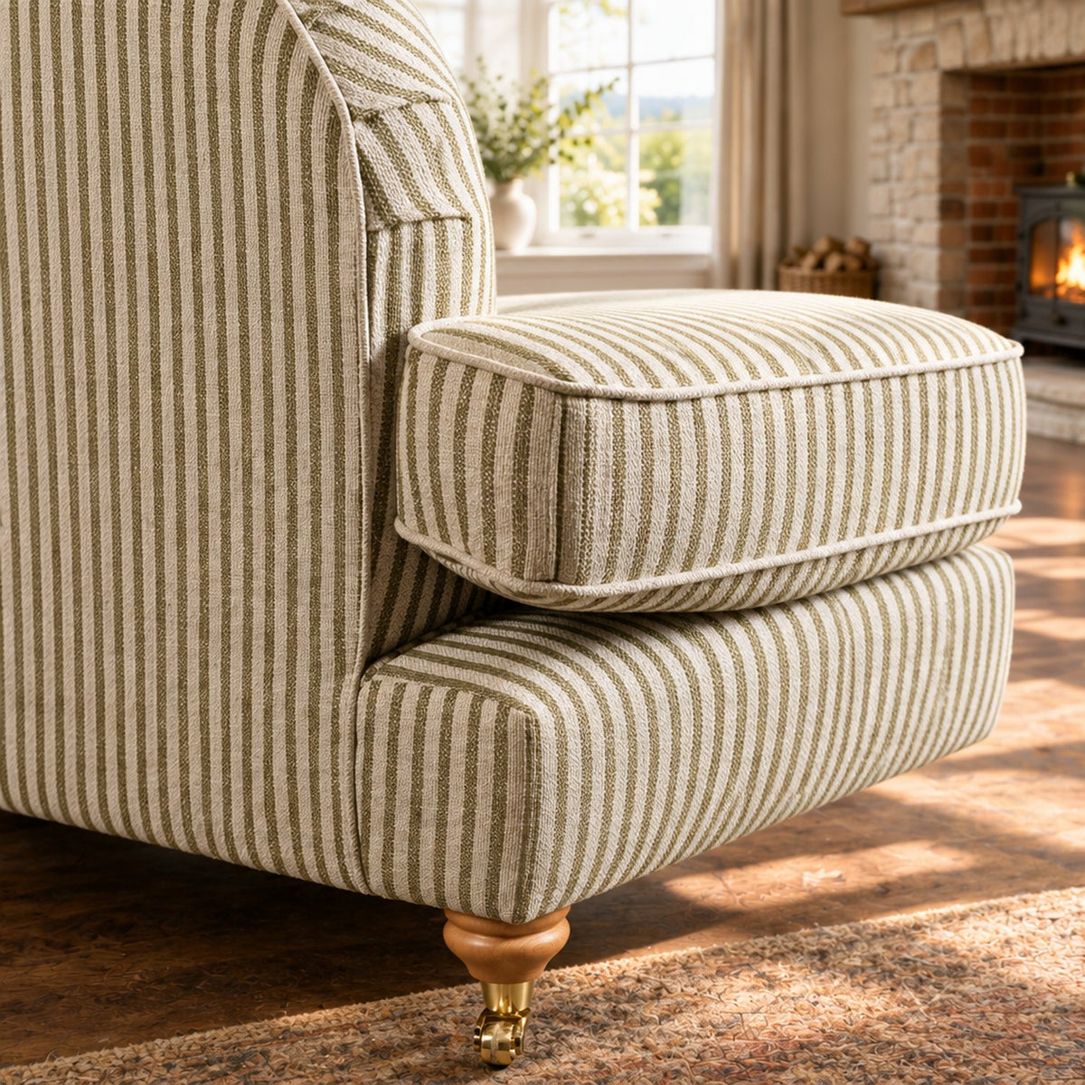 Eastbourne 3 Seater Sofa in Olive Stripe with Olive Stripe Cushions