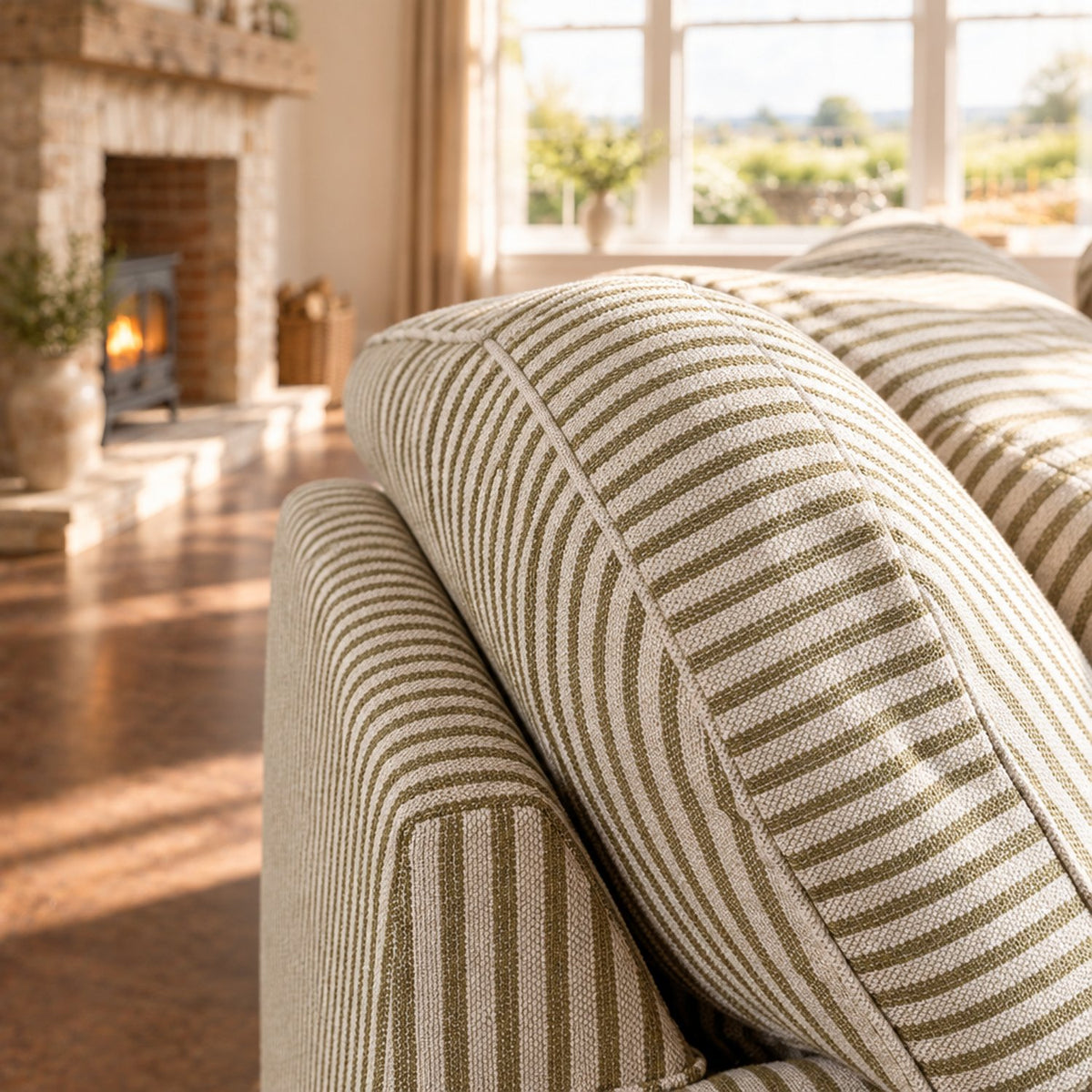 Eastbourne 3 Seater Sofa in Olive Stripe with Olive Stripe Cushions