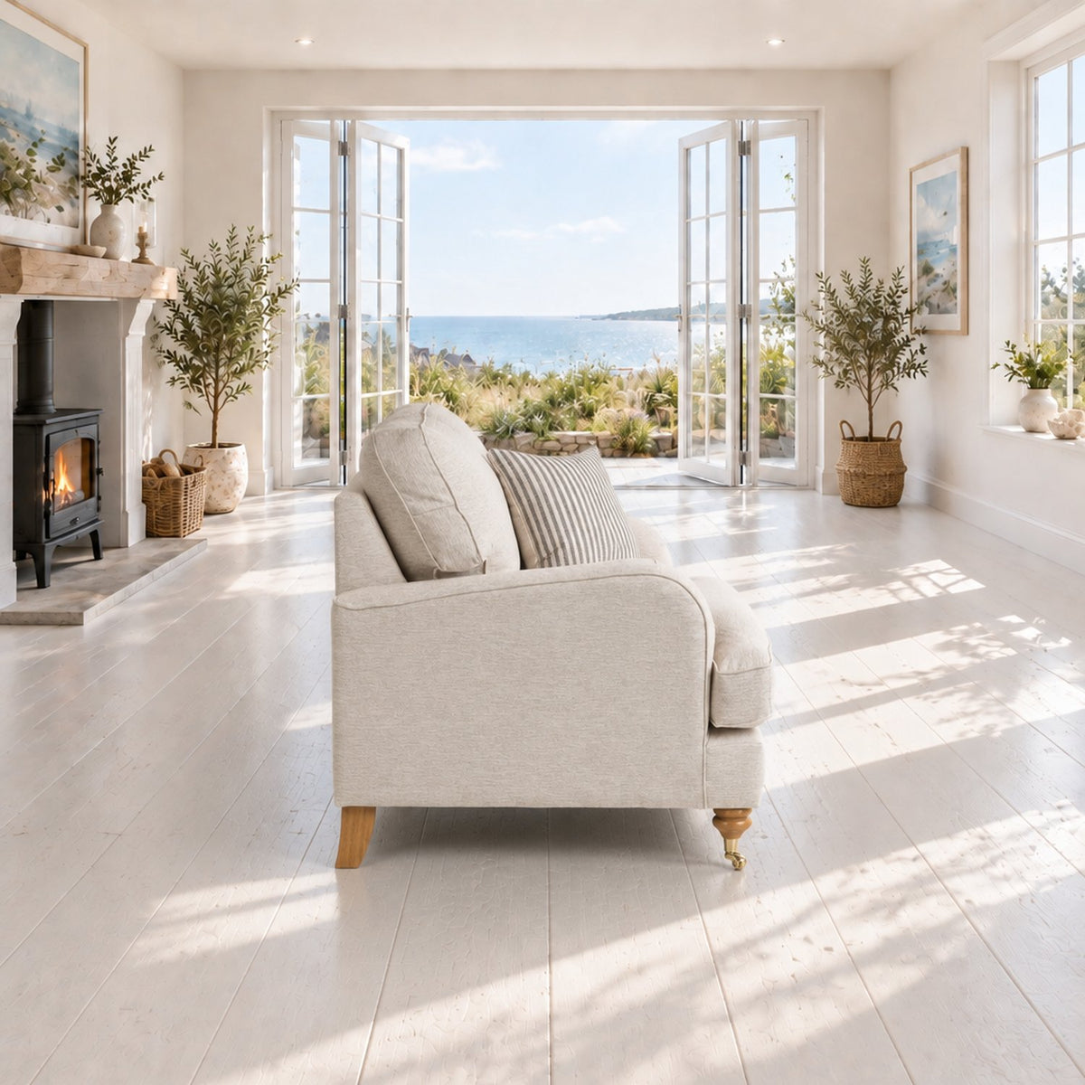 Eastbourne Armchair in Natural with Cove Grey Stripe Cushion
