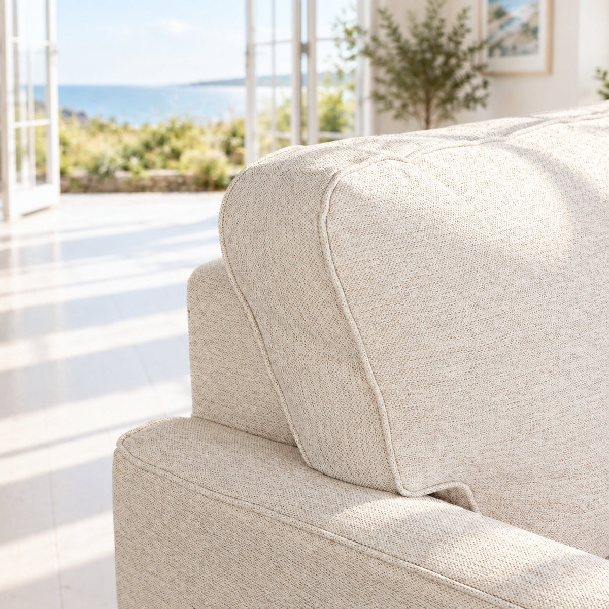 Eastbourne Armchair in Natural with Cove Grey Stripe Cushion