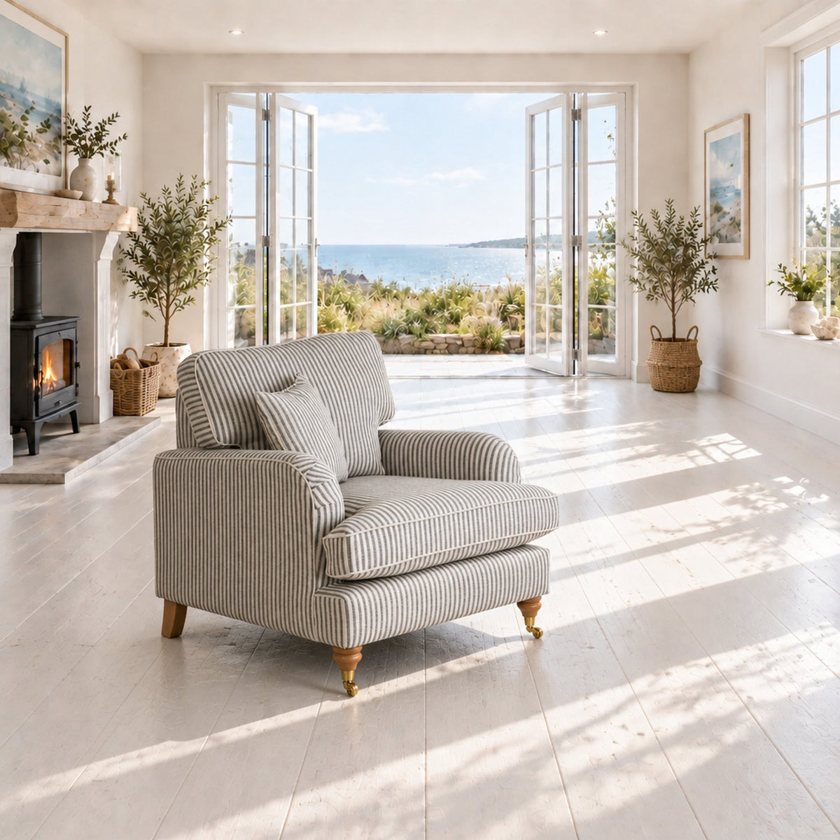 Eastbourne grey stripe armchair with grey stripe scatter