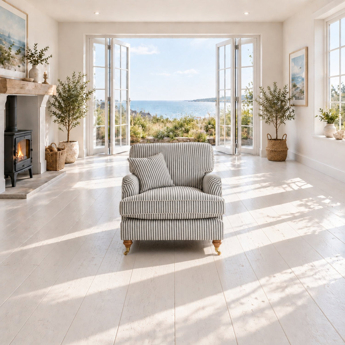 Eastbourne Armchair in Grey Stripe with Grey Stripe Cushion