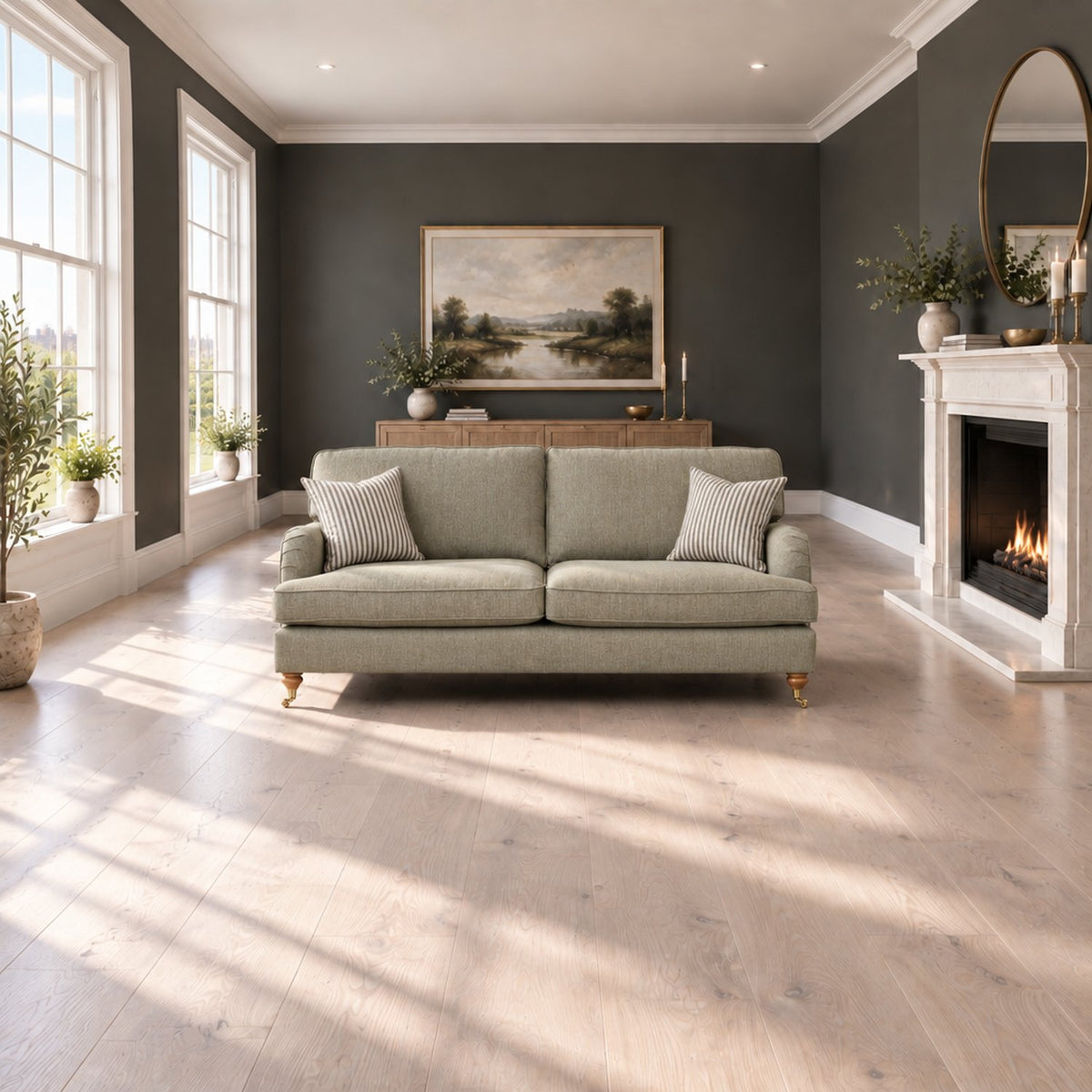 Eastbourne 3 Seater Sofa in Olive with Olive Stripe Cushions