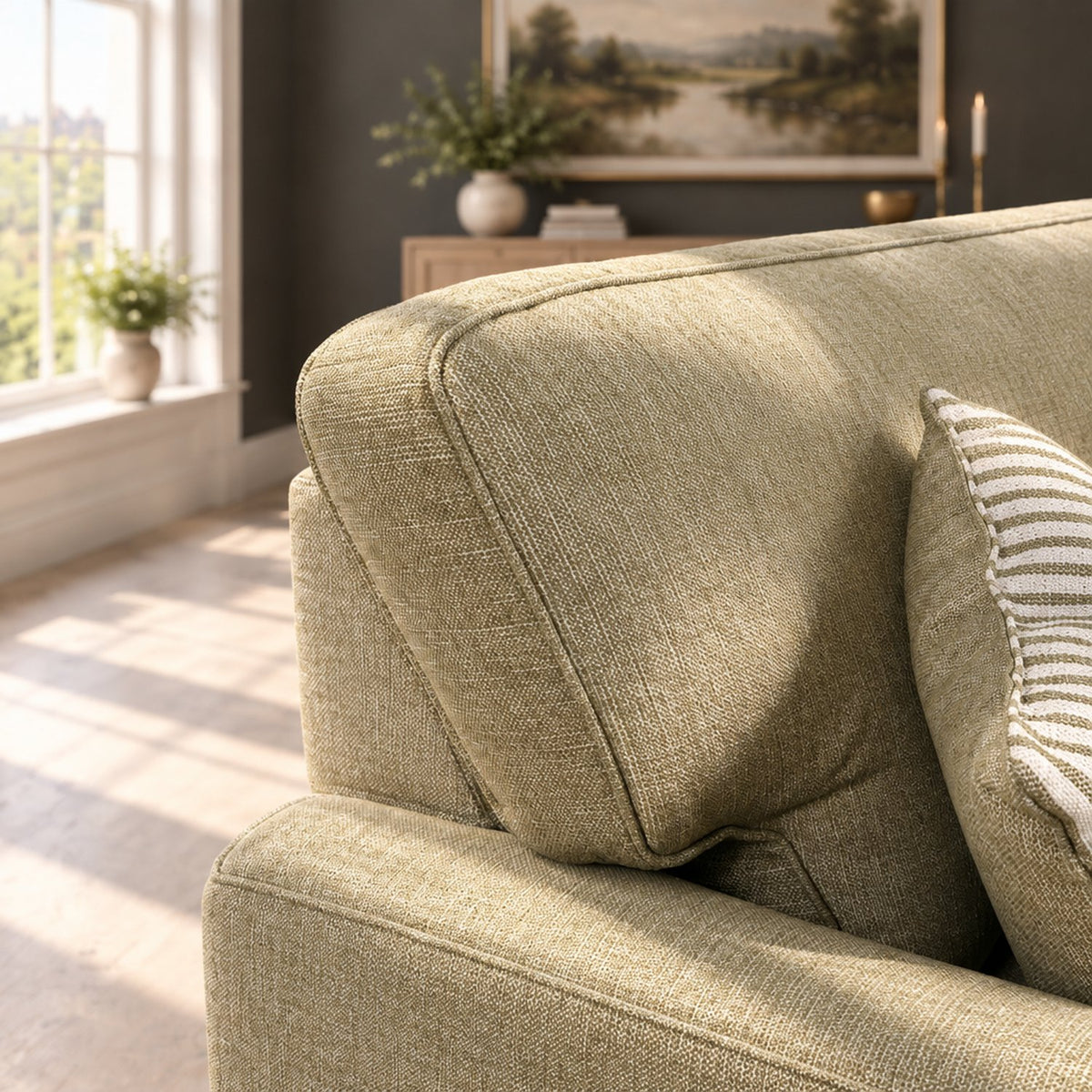 Eastbourne 3 Seater Sofa in Olive with Olive Stripe Cushions
