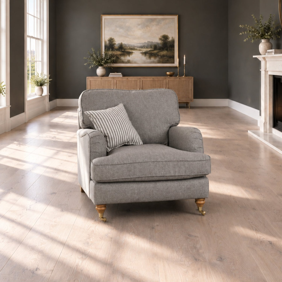 Eastbourne Armchair in Grey with Grey Stripe Cushion