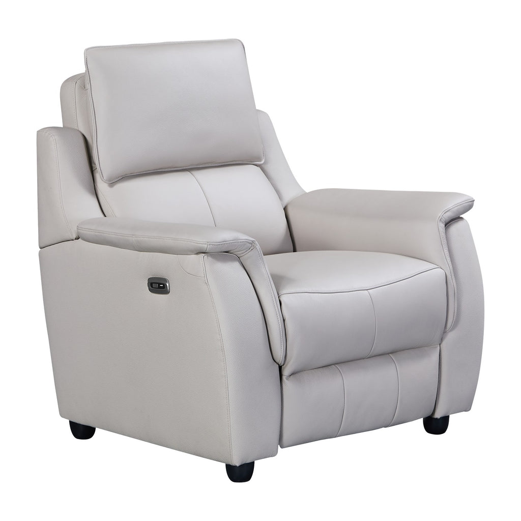 A light gray upholstered recliner chair with a high back, padded headrest, wide armrests, and a small control panel on the outer side, shown on a plain white background.