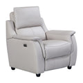 A light gray upholstered recliner chair with a high back, padded headrest, wide armrests, and a small control panel on the outer side, shown on a plain white background.
