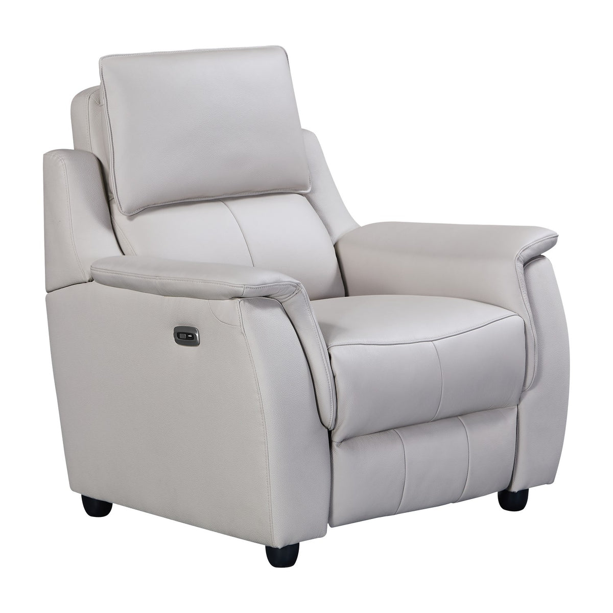 A light gray upholstered recliner chair with a high back, padded headrest, wide armrests, and a small control panel on the outer side, shown on a plain white background.