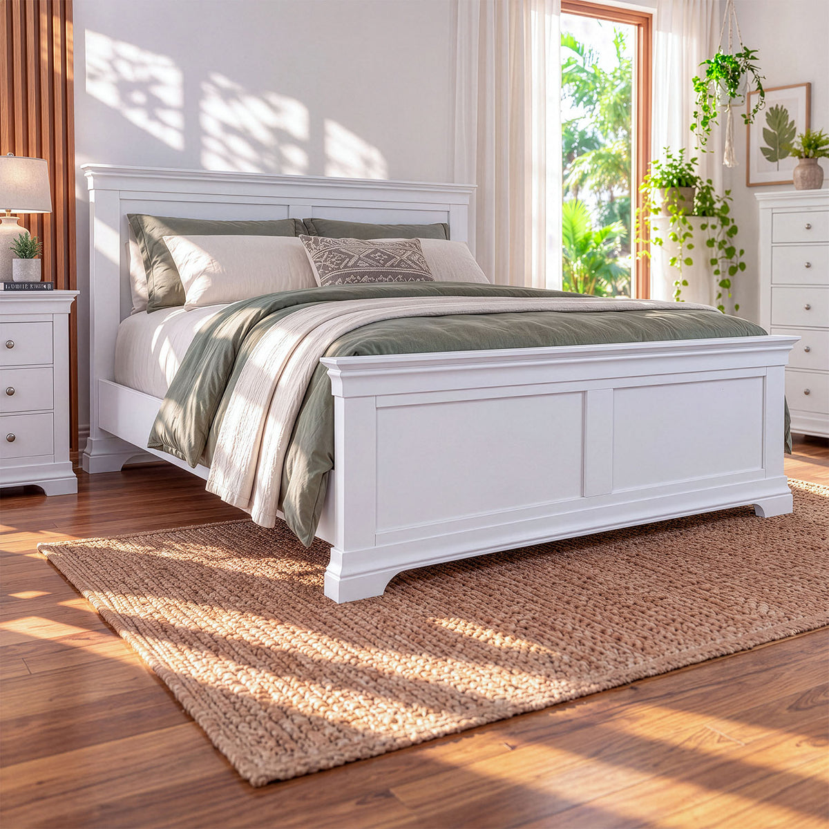 A white wooden bed frame with a panel headboard and footboard, styled with sage green and cream bedding, set in a bright bedroom with hardwood floors, a woven rug, and a window.