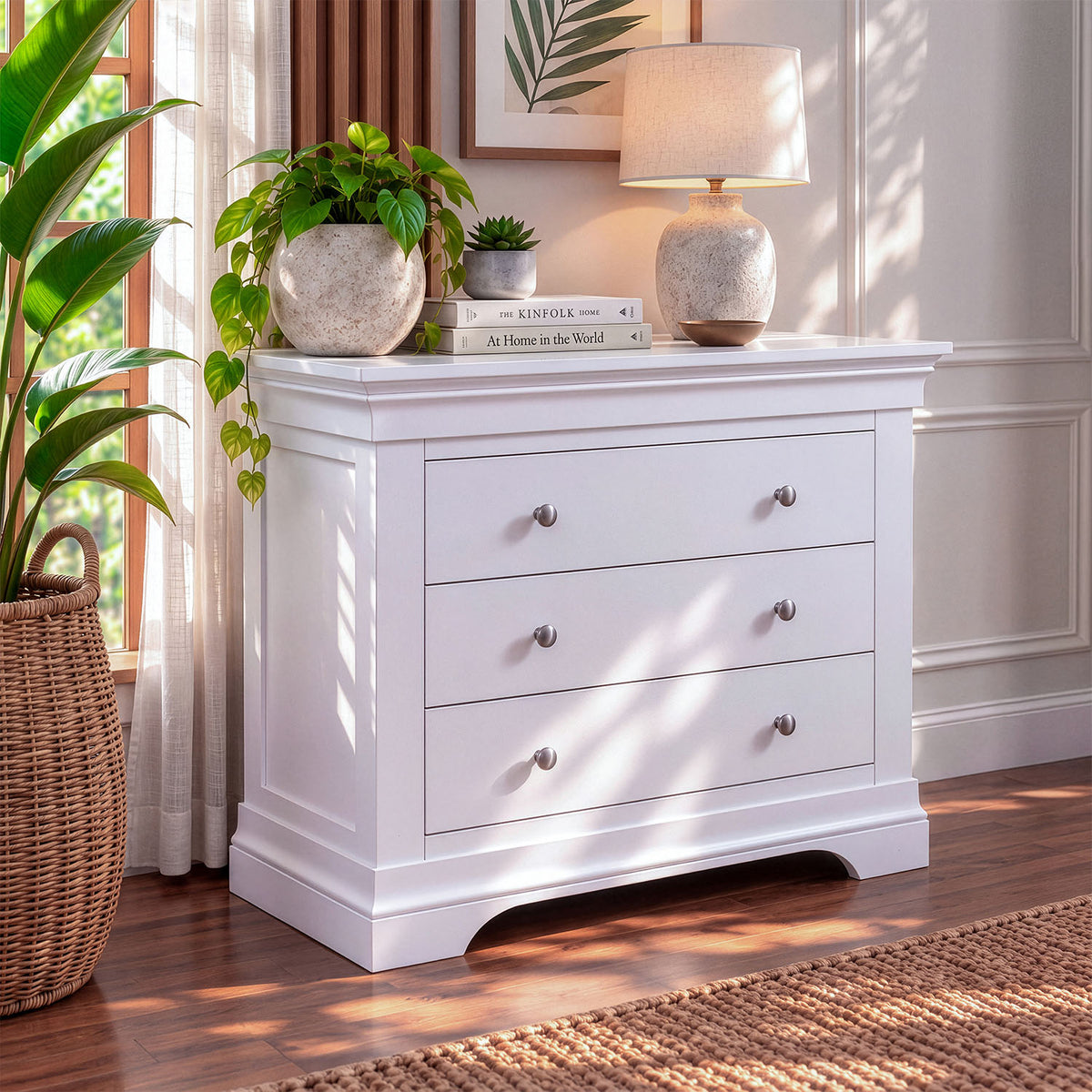 A white three-drawer dresser in a styled room setting, decorated with a potted plant, books, and a ceramic table lamp. The dresser features three drawers with round silver knobs and a curved apron detail at the bottom.
