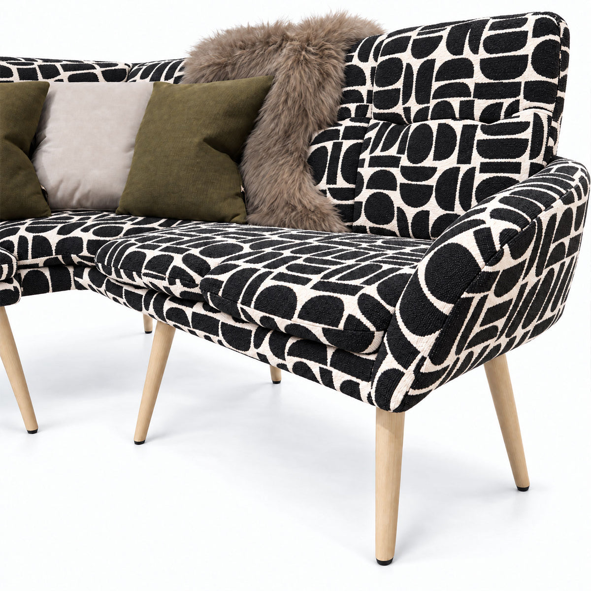 Close-up of the Sloane corner bench end seat and curved backrest in black geometric pattern fabric