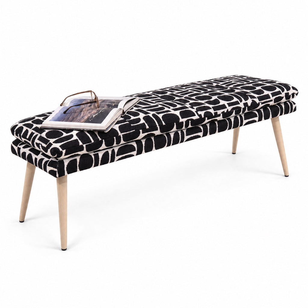 Sloane 140cm flat bench in black and cream geometric pattern boucle fabric, front view