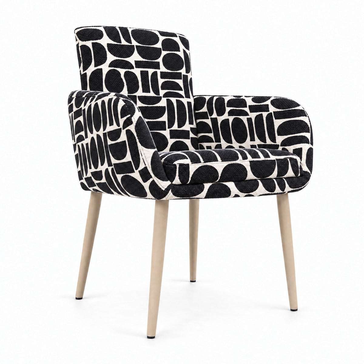 Sloane dining chair with arms in black and cream geometric pattern boucle fabric with natural wooden legs