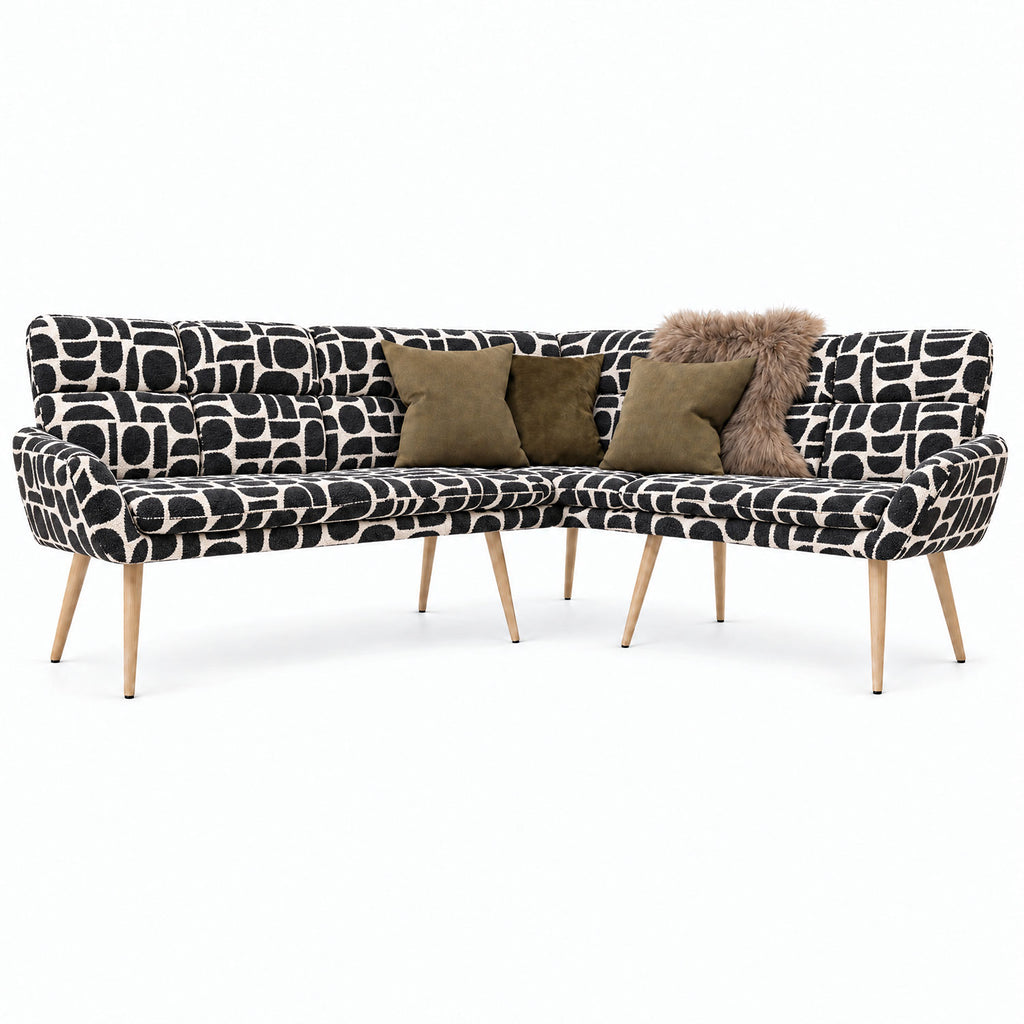 Front view of the Sloane corner bench in black geometric pattern fabric