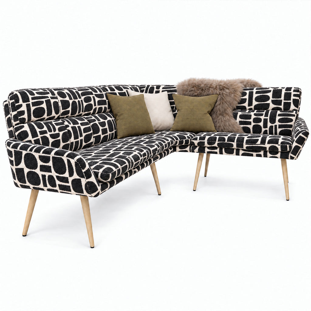 Sloane corner bench in black geometric pattern fabric shown from the long side