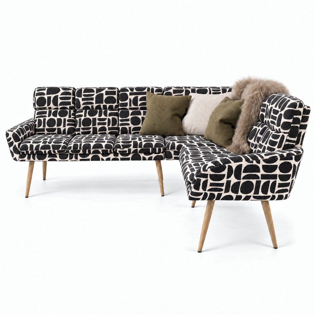 Sloane corner bench in black and cream geometric pattern boucle fabric with natural wooden legs
