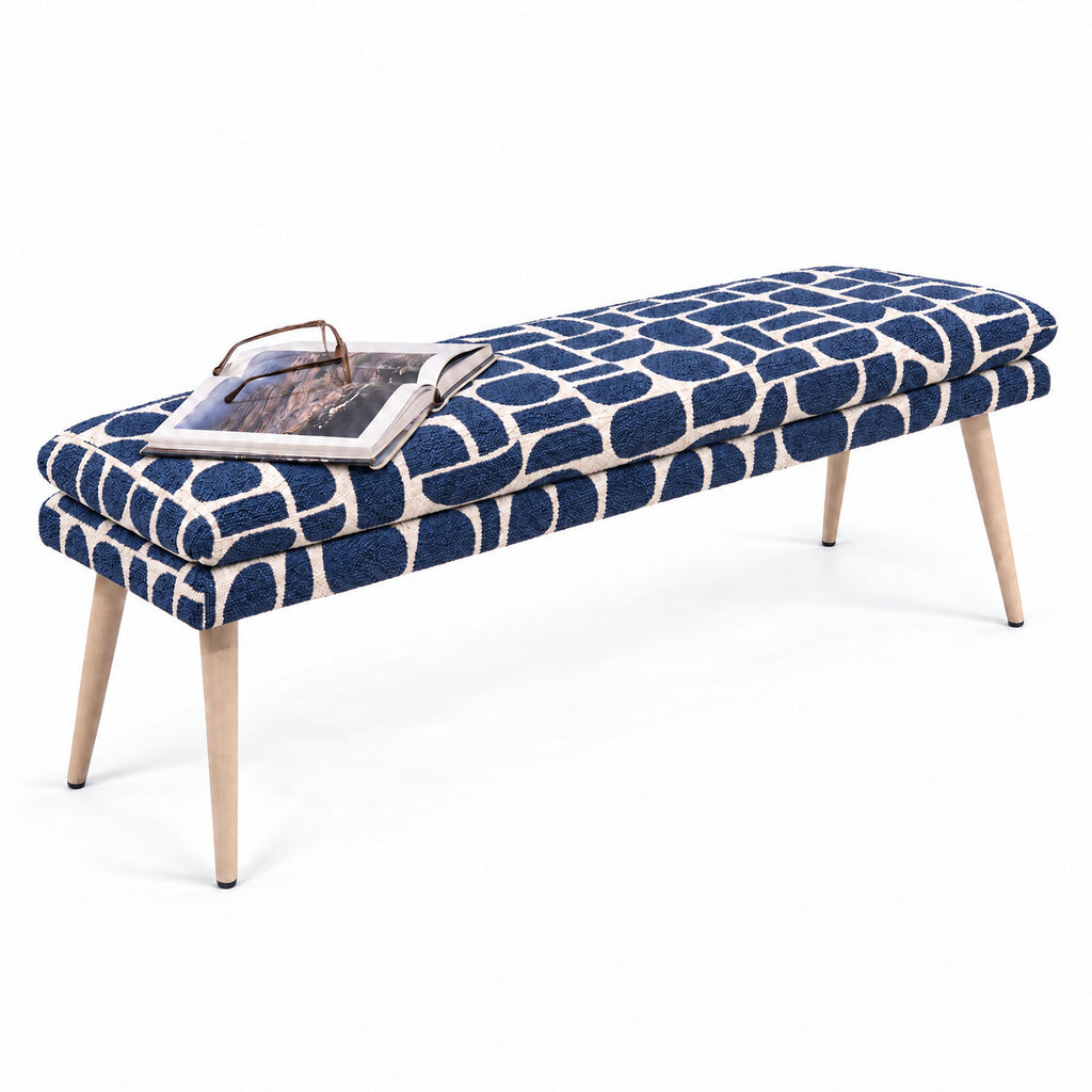 Sloane 140cm flat bench in blue and cream geometric pattern boucle fabric, front view