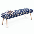 Sloane 140cm flat bench in blue and cream geometric pattern boucle fabric, front view