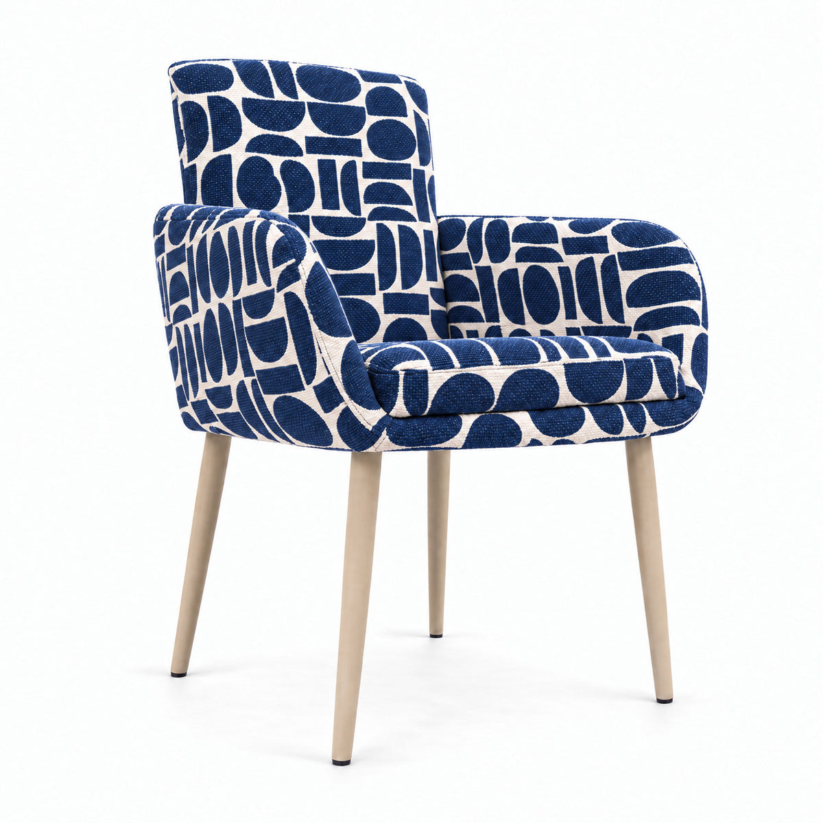 Sloane dining chair with arms in blue and cream geometric pattern boucle fabric with natural wooden legs
