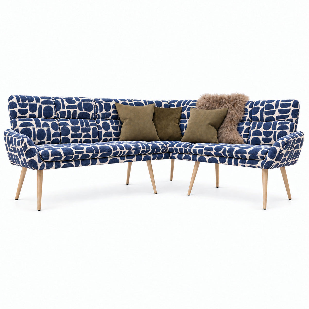 Front view of the Sloane corner bench in blue geometric pattern fabric