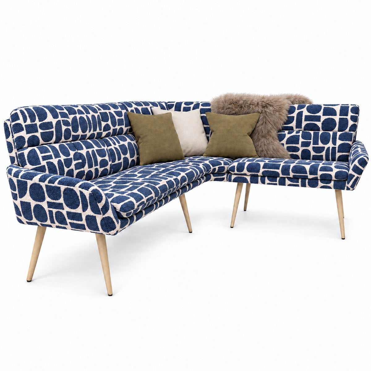 Sloane corner bench in blue geometric pattern fabric shown from the long side