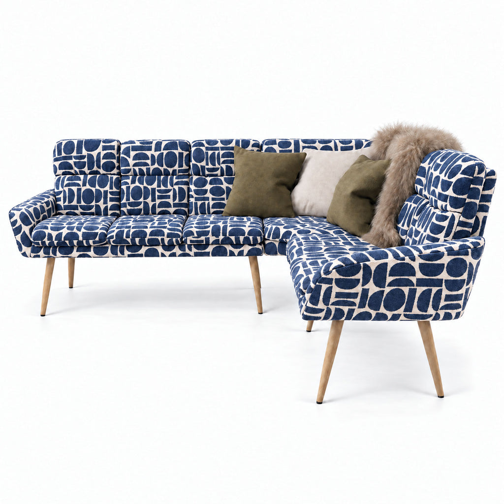 Sloane corner bench in blue and cream geometric pattern boucle fabric with natural wooden legs