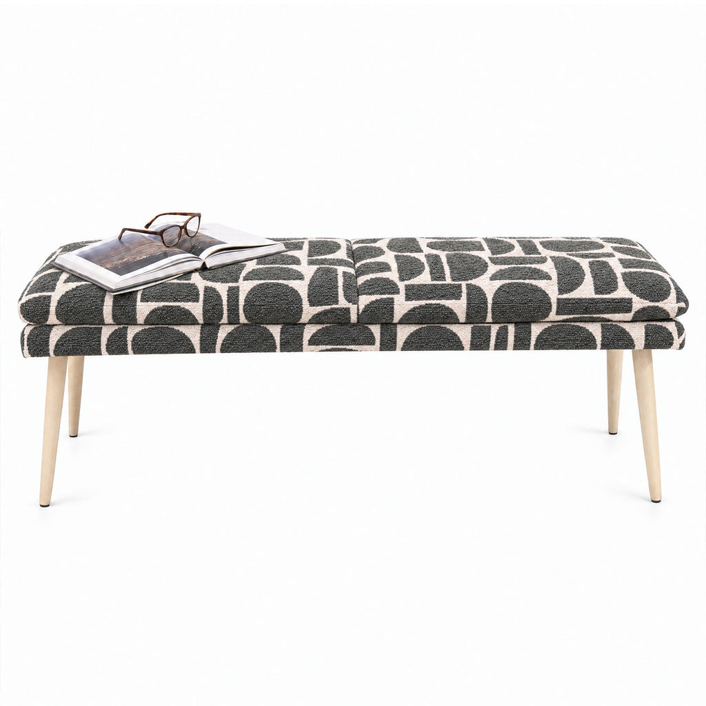 Sloane 140cm flat bench in sage geometric pattern fabric with tapered natural wooden legs, angled view