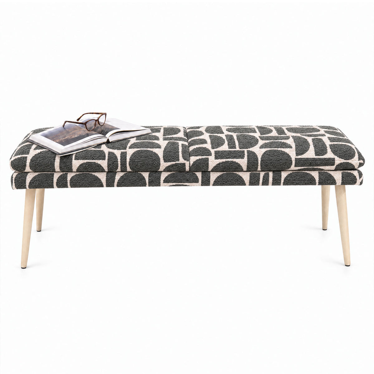 Sloane 140cm flat bench in sage geometric pattern fabric with tapered natural wooden legs, angled view