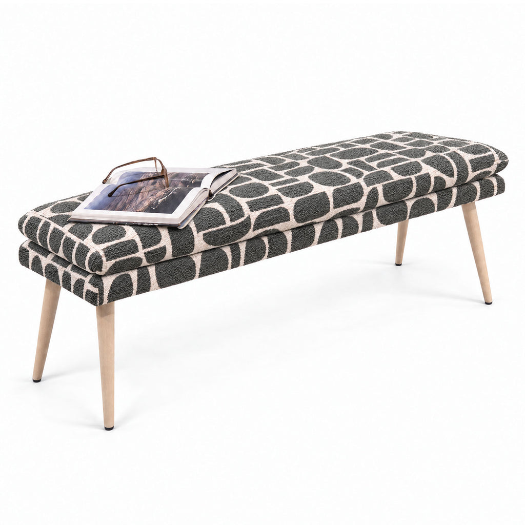 Sloane 140cm flat bench in sage and cream geometric pattern boucle fabric, front view